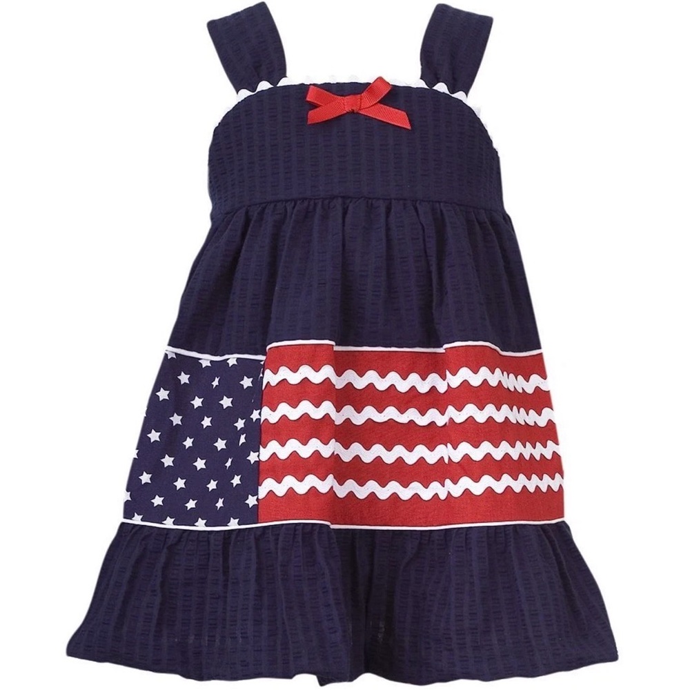 Rare Editions Seersucker Blue and Red Star Sun Dress Americana Ricrac Trim 12mo